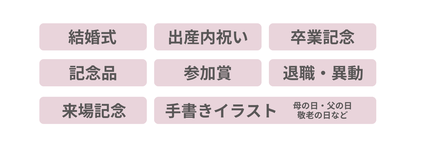 用途例：結婚式、出産内祝い、卒業記念、記念品、参加賞、退職・異動、来場記念、手書きイラスト（母の日・父の日・敬老の日など）